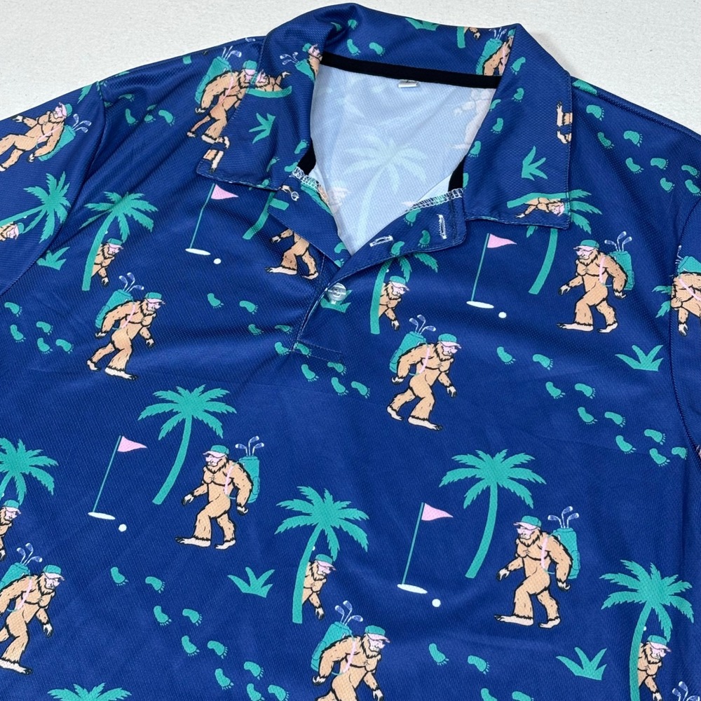 Hivichi Mens Golf Polo Shirt Navy Blue Bigfoot Sasquatch Novelty Print Large